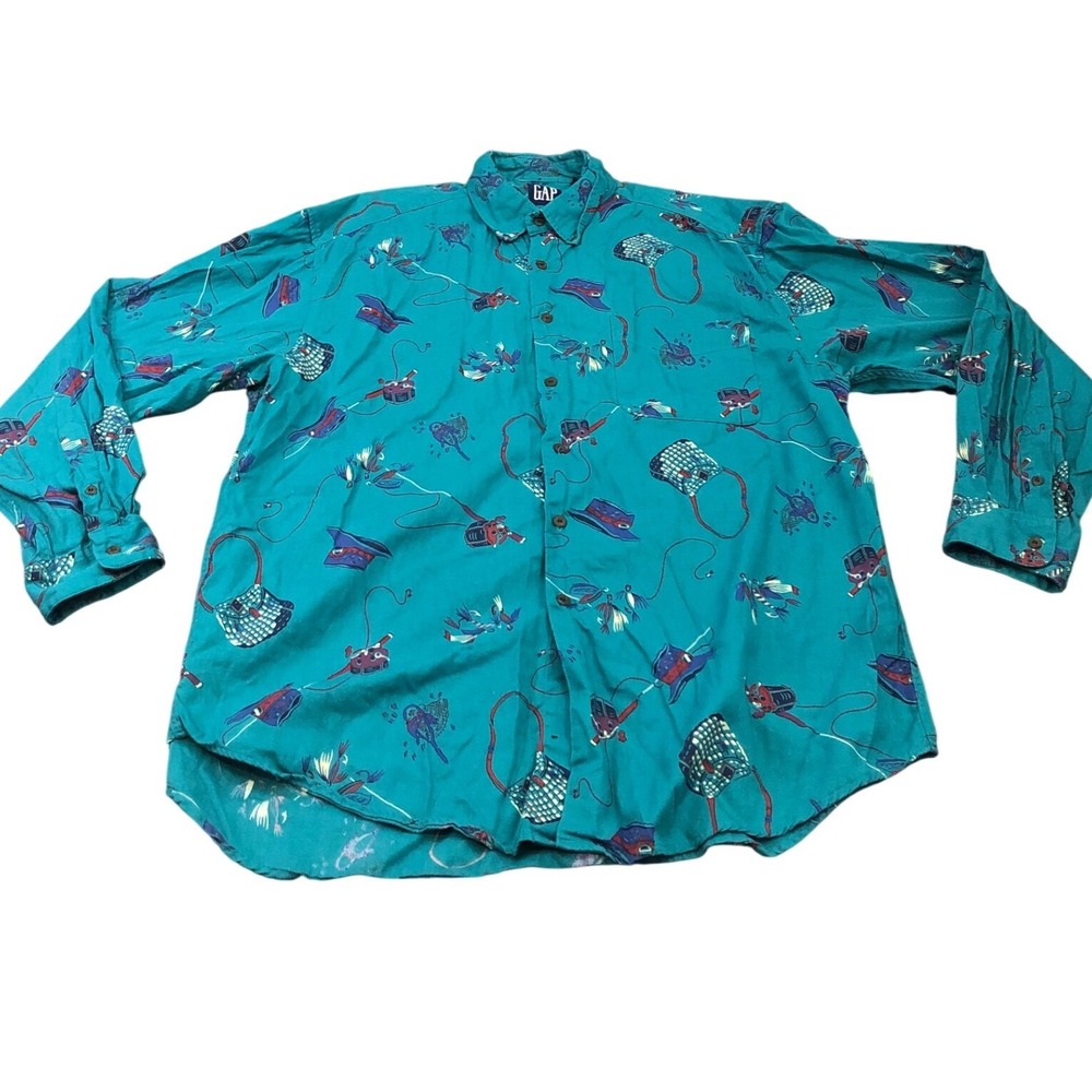Gap Button Down Shirt‎ Mens XL Teal Vintage Fly Fishing Print Cotton Long Sleeve - Picture 2 of 9